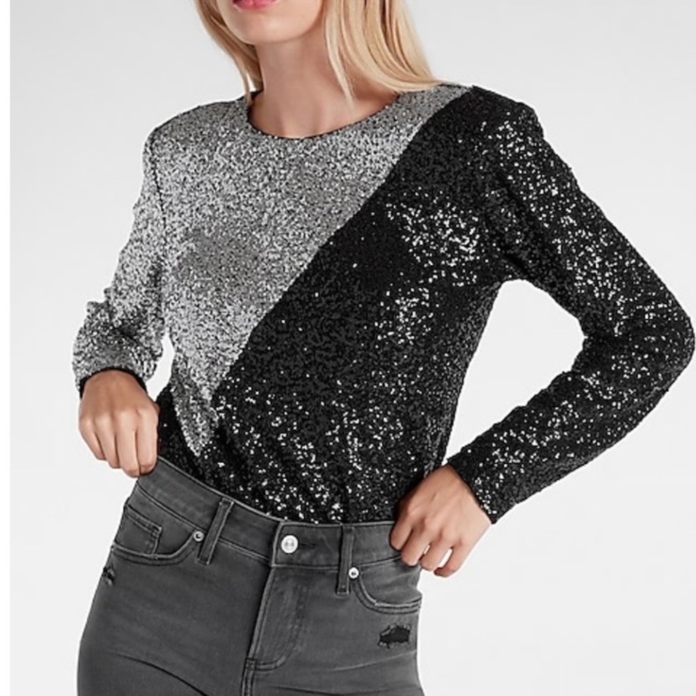 Express Sequin Black and Silver body suit